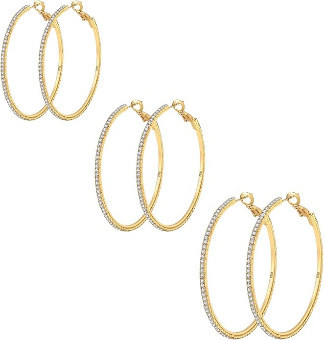 925 Sterling Silver Earrings Large Rhinestone Hoop Earrings Big Cubic Zirconia Hoop Earrings Thin Rhinestones Round Hoop Earrings for Women 20/30/40/50/60/70mm Sparkly Hoops With Crystals for Womens