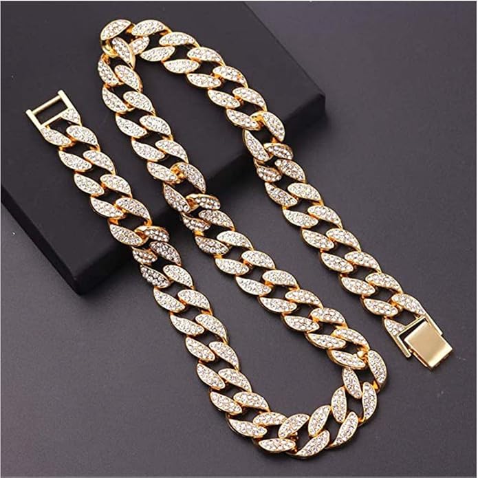 EMESLY Miami Cuban Link Chain 14K Gold Plated Necklace (16, 18, 20, 22, 24, 30 Inches Length); Hip Hop Bracelet (8" Length) for Men & Women; Perfect Iced Out Bling Jewelry Gift