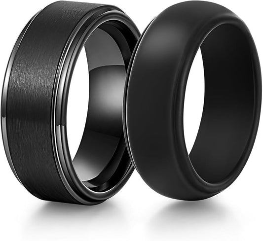 VNOX 2PCS Mens Wedding Band Set Silicone Tungsten Rings for Men，8mm Black Ring Promise Engagement Anniversary Bands Comfort Fit Size 8-12