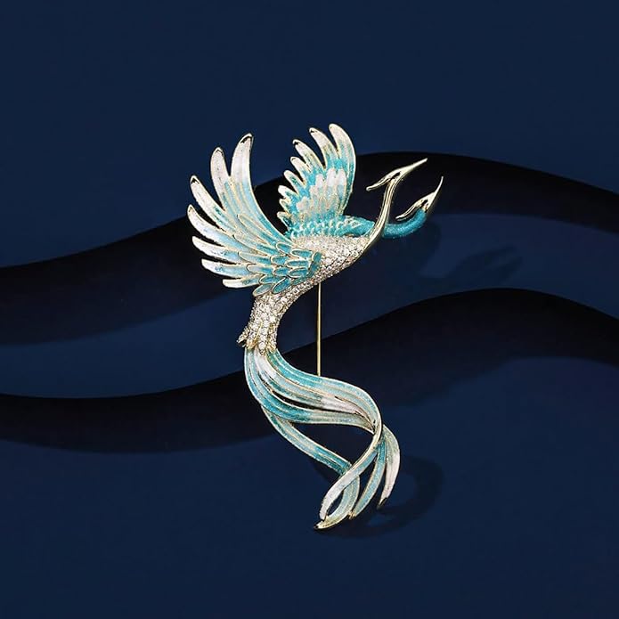 14K Gold Phoenix Brooch with Moissanite and Enamel - Elegant Holiday and Special Event Pin, Ideal Gift for Her, Mythical Bird Design, Women's Luxury Fashion Accessory