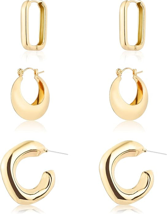 14K Gold Plated Hoop Earrings for Women, Hypoallergenic Chunky Gold Plating Hoop Earrings Multipack, Lightweight Twisted Huggie Hoops Earring Set Jewelry for Gifts