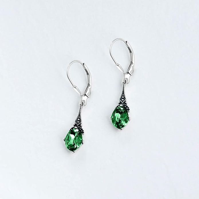 AOBOCO Vintage Earrings for Women Sterling Silver Retro Drop Dangle Leverback Earrings with 8x6mm Oval Genuine or Simulated Birthstone Crystal from Austria, Anniversary Jewelry Gifts for Her Women