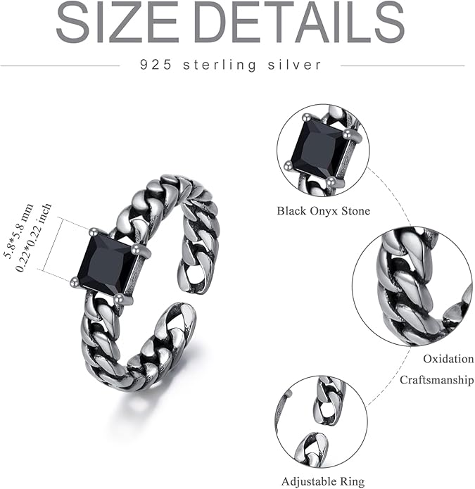 925 Sterling Silver Vintage Oxidized Style Black Onyx Adjustable Ring Casual Jewelry Gifts for Women