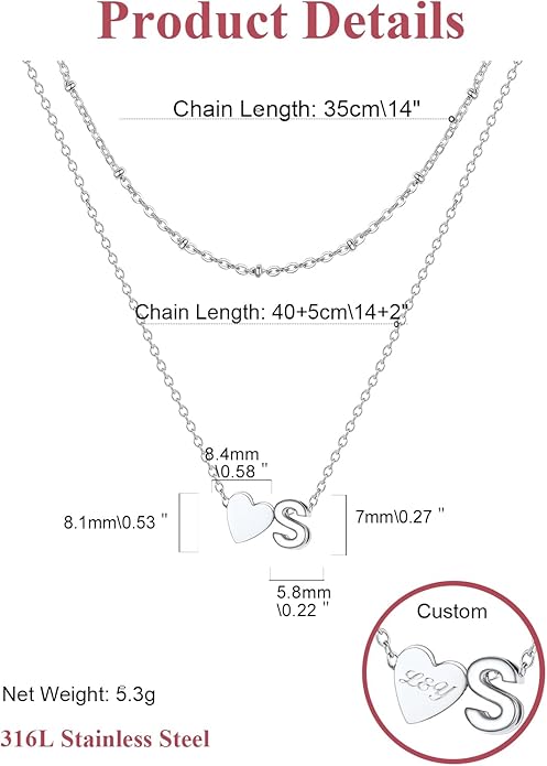 FOCALOOK Layered Initial Necklace for Women, 14K Gold Plated Choker Necklaces Stacks with Initial A-Z, Dainty Silver Heart Pendant Necklace Personalized Birthday Women Jewelry