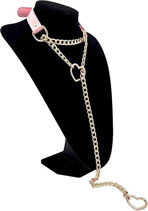 Black Leather Choker Collar For Women, Handmade Heart Slip Chain Choker Long Necklace with Adjustable Buckle