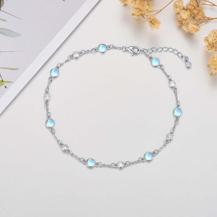 Anklet Bracelet for Women 925 Sterling Silver Natural Stone Chain Ankle Bracelet Beach Summer Fine Jewelry Birthday Christmas Gifts for Women Her Mom