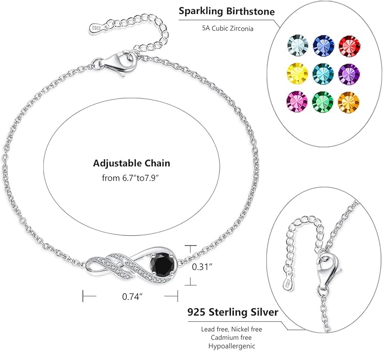 Birthstone Bracelets for Women 925 Sterling Silver Created Gemstone Bracelet Infinity Pendant Jewelry for Her, 6.7"+1.2"
