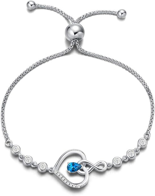 AGVANA Heart Birthstone Bracelets for Women Sterling Silver Genuine or Created Gemstone Tennis Bracelet Infinity Love Jewelry Anniversary Birthday Gifts for Wife Mom Women