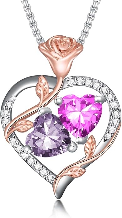 Christmas Gifts for Women Rose Heart Birthstone Pendant Necklace I Love You Forever Jewelry Valentine Mothers Day Birthday Gifts for Women Her Wife Girlfriend