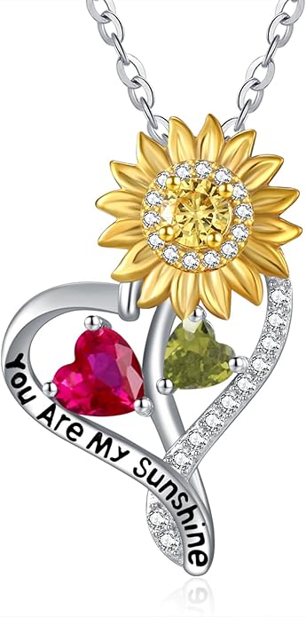 Zeuslia Double Birthstone Necklace Gifts for Wife - 925 Sterling Silver Sunflower/Rose/Crown Cross/Compass/Heart Pendant I Love You Necklace, Anniversary Birthday Gifts for Wife Girlfriend Mom Her