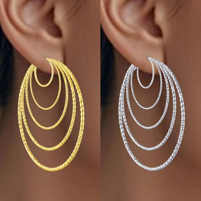 5/10 Pairs Stainless Steel Hoop Earrings for Women Hypoallergenic Large Small 14K Gold Plated Starry Sky Filigree Hoops Silver Plated Hoop Earring Pack Lightweight Fashion Earrings Set