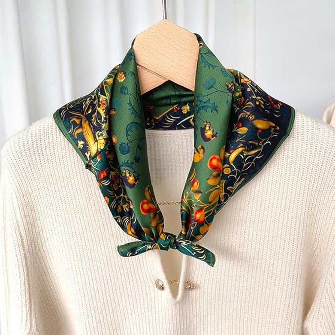 ANDANTINO 100% Pure Mulberry Silk Small Square Scarves -21'' x 21''- Digital Printed Neckerchief –Women Men Lightweight Scarf