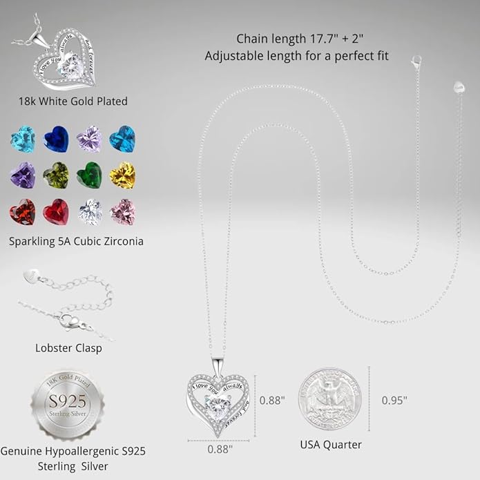 Birthstone Heart Necklace for Women Wife Girlfriend Mom Daughter Gifts S925 Silver Jewelry For Anniversary Rose Gold Gifts For Birthday Christmas Mothers Valentines Day