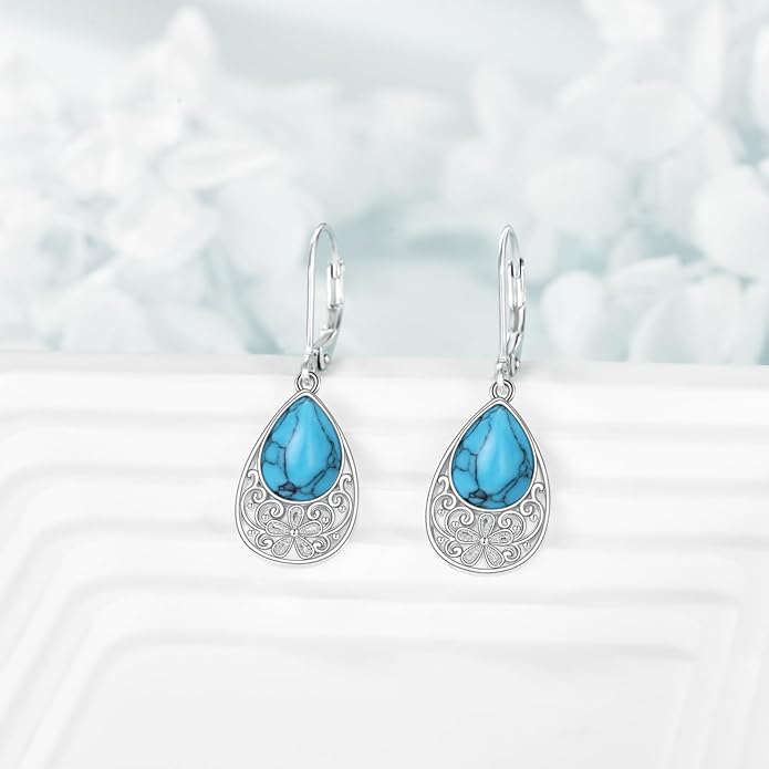 AOBOCO Butterfly/Dragonfly/Bee/Ladybug Leverback Earrings 925 Sterling Silver Rose Lotus Tulip Flower Filigree Dangle Earrings Teardrop Moonstone Larimar Turquoise Abalone Shell Jewelry Birthday Gifts for Women