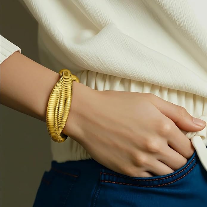 Emibele Gold Bangles Bracelet Set for Women, 18K Gold Plated Chunky Stainless Steel Non Tarnish Stretch Bracelet Stack, Flexible Wide Wristband Bangle Layered Snake Chain Bracelets