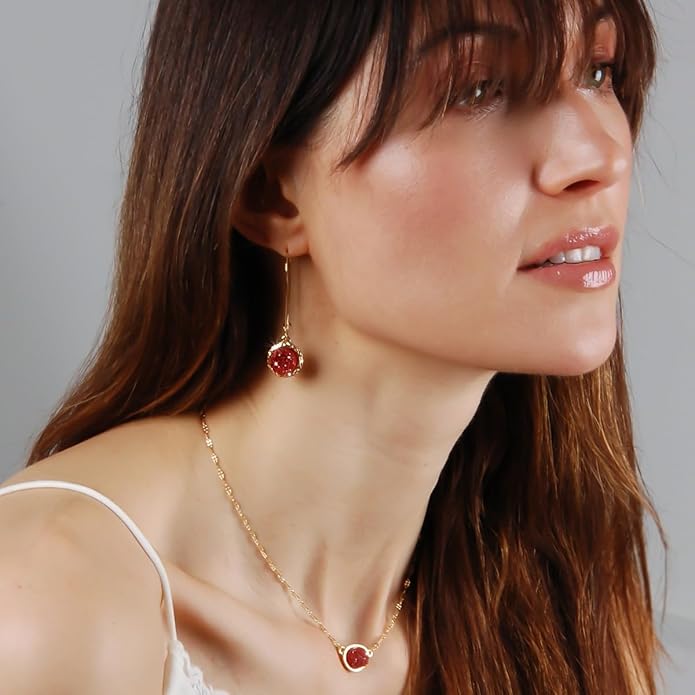Simulated Druzy Threader Drop Earrings for Women - Gold, Silver, or Rose Gold Tone Trendy Boho Dangles with Sparkly Round Stone