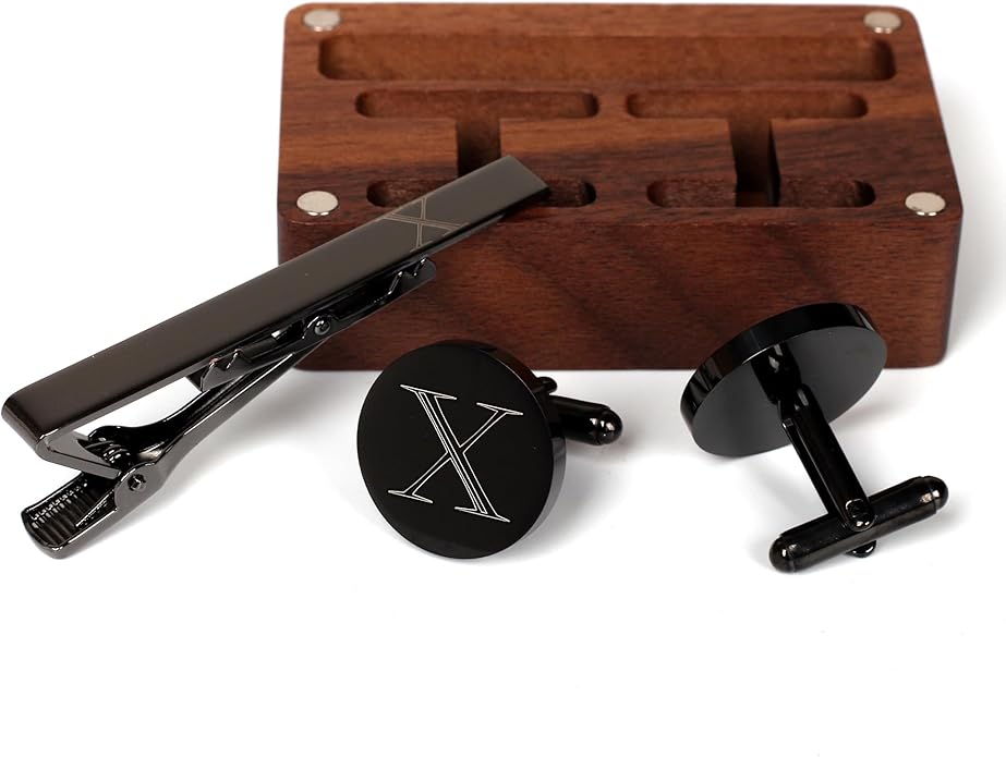 Mens Initial Cufflinks and Tie Clip A-Z Alphabet Letter Black Stainless Cuff Links Tie Bar with Engraved Walnut Wood Box Groom Groomsman Wedding Set