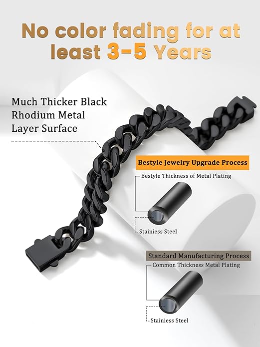 Bestyle Thick Stainless Steel Mens Cuban Link Chain, Black/Gold Chain for Men, No Tarnish & Durable Men Chain Necklace, 5/7/9/12mm Wide, 18"-30" Long, Gift Package
