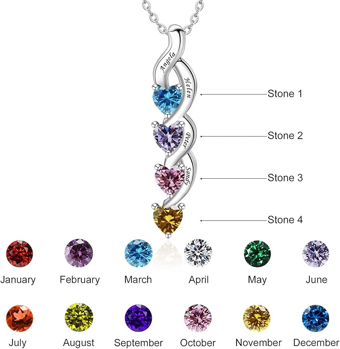 MissNaNa Sterling Silver Personalized Mothers Necklace with Simulated Birthstones Engraved 1-6 Children Names Custom Love Heart Pendant Family Necklace for Women Mother's Day Birthday