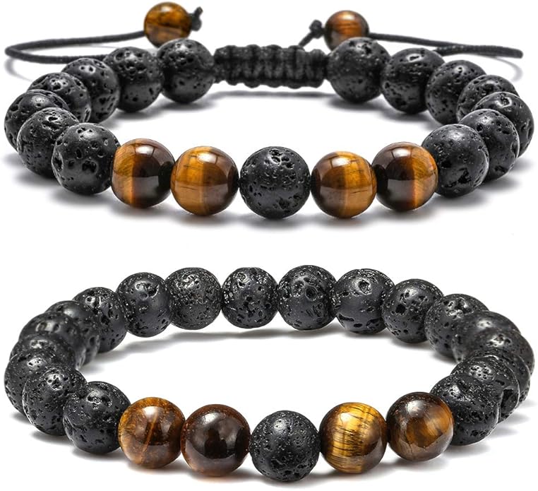 M MOOHAM Natural Stone Bracelets for Men - 8mm Tiger Eye, Matte Agate, Lava Rock - Teen Boys Gifts for Birthday, Anniversary, Christmas