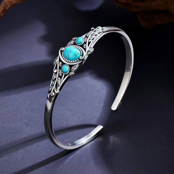 Genuine Turquoise Leaf Boho Bracelet, Sterling Silver Native American Adjustable Bangle Cuff Jewelry for Women, Fit for 6.5 7 7.5 Inches