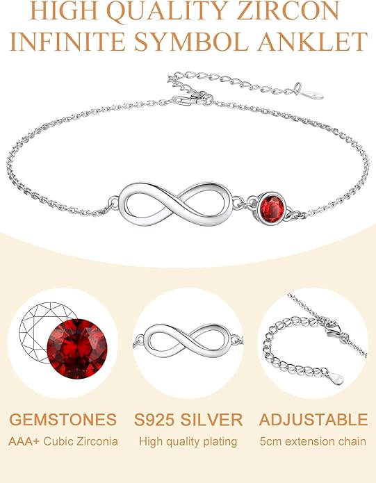 Custom4U Personalized Infinity Ankle Bracelets for Women 925 Sterling Silver Anklet Bracelet Endless Love Symbol Birthstone Charm Adjustable Foot Chain Jewelry Mothers Day Gifts for Mom Wife Women Her