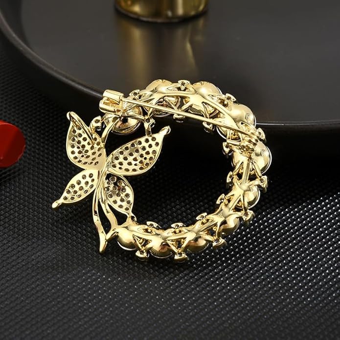 14K Gold Grand Butterfly Brooch with Crystal Embellishments, Circular Design Adorned with Natural Pearl, Luxurious and Elegant Pin for Stylish Attire