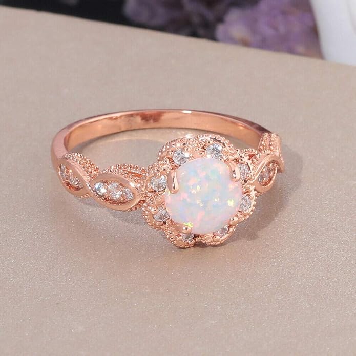 CiNily 18K Gold Plated Opal Ring-White Fire Opal & Amethyst & Cubic Zirconia Women Jewelry Gemstone Engagement Anniversary Ring Size 5-13