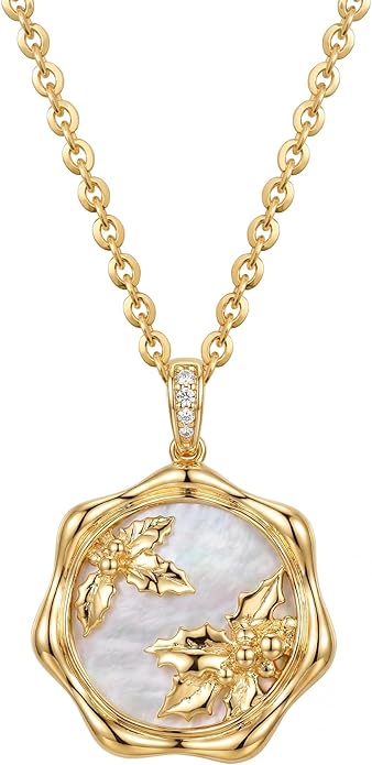 MEVECCO Birth Flower Necklace For Women 18k Gold Plated Mother Of Pearl Disc Floral Pendant Necklace Dainty 12 Birth Month Flower Handmade Personalized Jewelry Anniversary Christmas Birthday Gifts