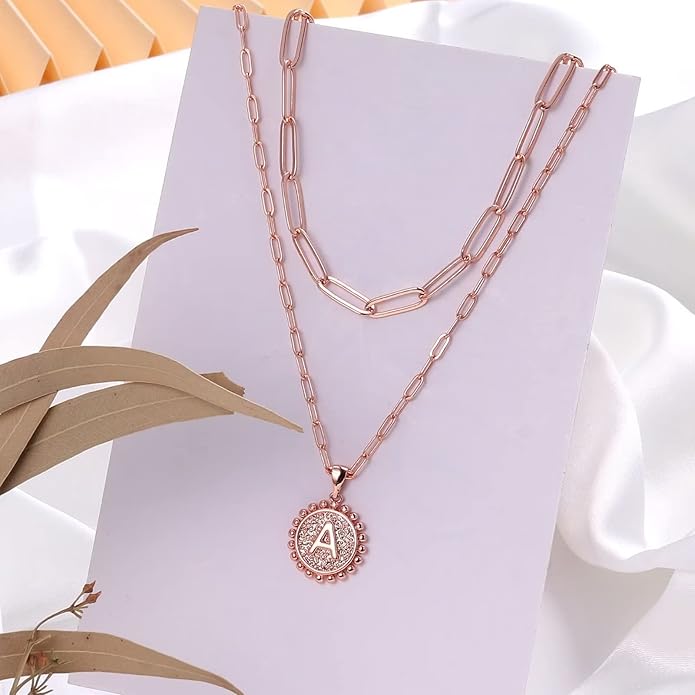 Yoosteel Gold Initial Necklaces for Women, 14K Gold Plated Dainty Layering Paperclip Link Chain Necklace Coin Initial Layered Necklaces for Women Personalized Birthday Gifts