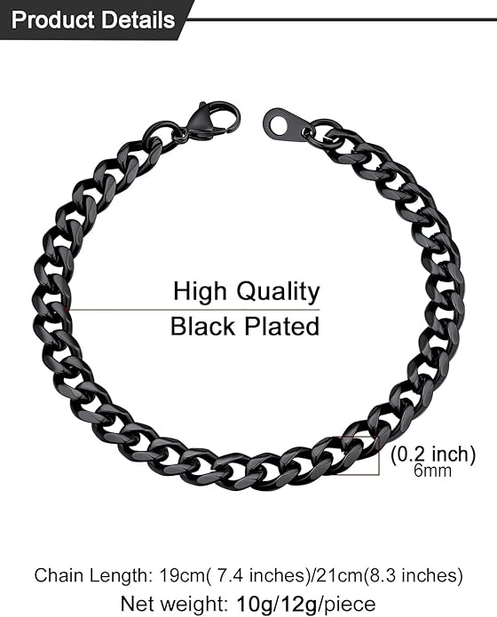 U7 Link Bracelets for Men, Cuban Link/Rope/Watch Band Solid Bracelet, Silver Black Gold Color Wrist Bracelet 3/6/9/12/15mm Width, 6.5/7.5/8.3 Inch Length, Hand Chain Jewelry for Mens Women