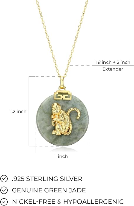 ETERNAL JADE .925 Sterling Silver 18K Gold Plated Chinese Zodiac Sign Pendant Necklaces for Women - Hypoallergenic Genuine Green Jade Gold Necklace for Women Zodiac Year Jewelry, 18 inch Chain