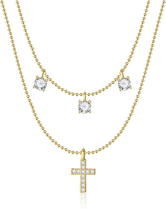Cross Necklace for Women 14K Gold Silver Plated Dainty Small Cross Pendant Choker Simple Trendy Cute Cross Charm Chain Necklace Easter Basket Stuffers Baptism Religious Faith Jewelry Gift