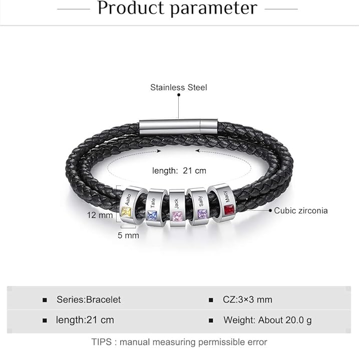 kaululu Custom Leather Bracelet for Men with 1/2/3/4/5/6/7/8 Birthstones Engraved Stainless Steel Beads Personalized Names Bracelet for Father's Day Christmas Thanksgiving Gift for Men