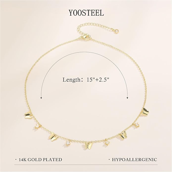 Yoosteel Dainty Gold-plated Clover Pearl Heart Butterfly Star flower Choker Necklace for Women - 14K Gold Plated Cubic Zirconia Pendant Station Necklaces for Women Teens Trendy Prom Jewelry Gifts