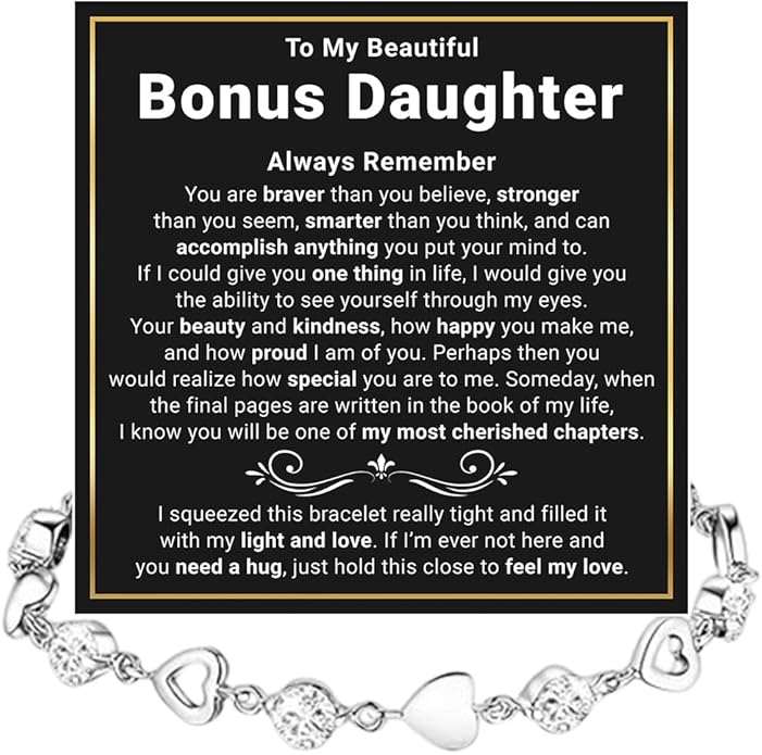 To My Bonus Daughter Heart Bracelet Gift, Beautiful Bonus Daughter Jewelry From Step Mom Dad With Message Card and Box Meaning, Christmas Graduation Birthday Gifts, To My Stepdaughter Bracelet