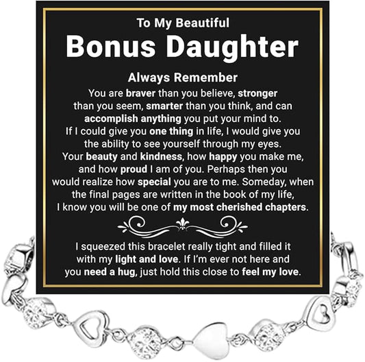 To My Bonus Daughter Heart Bracelet Gift, Beautiful Bonus Daughter Jewelry From Step Mom Dad With Message Card and Box Meaning, Christmas Graduation Birthday Gifts, To My Stepdaughter Bracelet