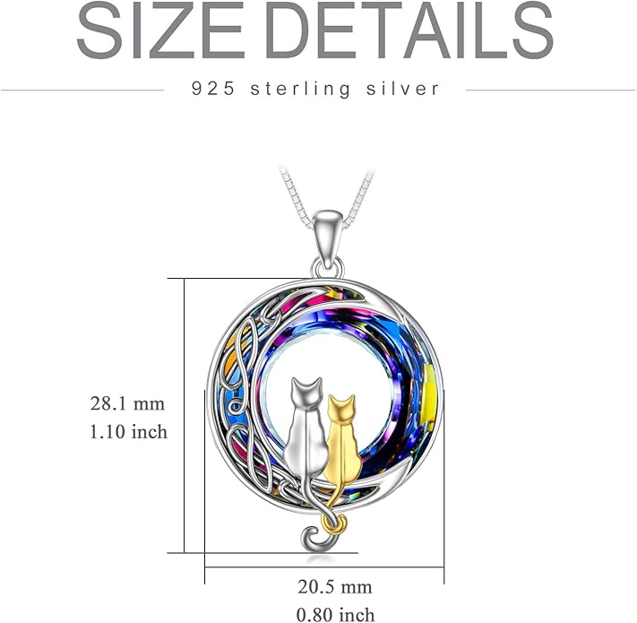 TOUPOP Christmas Cat Gifts for Cats Lovers One Two Three Four Cats Necklace Sterling Silver Cats on the Moon Pendant Necklace with Blue Circle Crystal Birthday Christmas Celtic Jewelry Gifts for Women