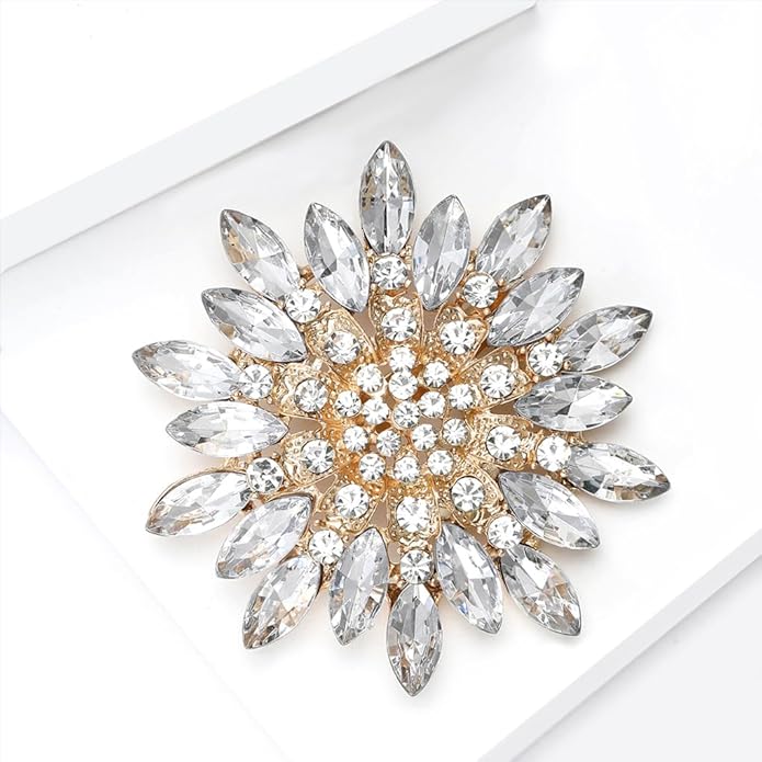 Rhinestone Large Flower Brooches Pins for Women Fashion Sparkly Crystal Sunflower Statement Brooch Unique Wedding Party Suit Dress Jewelry Accessories