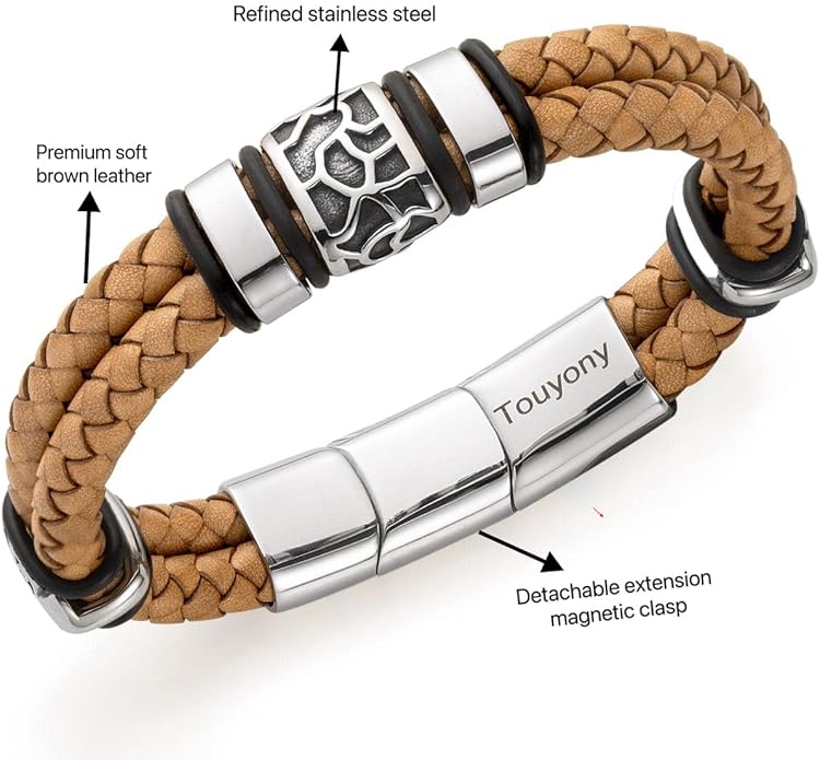 Mens Leather Bracelet Premium Leather Braided Bracelet Stainless Steel Jewelry Gift Accessories Men's Bracelet