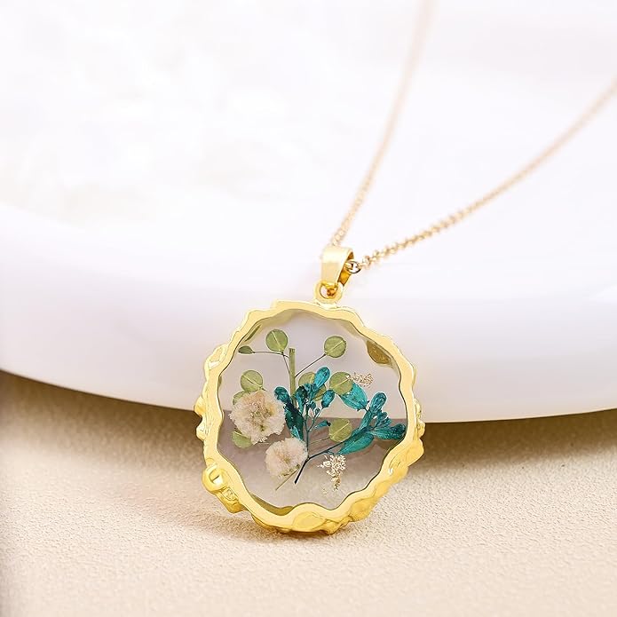 Birth Flower Necklaces for Women,1-12 Month Real Pressed Flower Necklace,Boho-Style Personalized Jewelry, Handmade Floral Pendant,Thoughtful Gift for Christmas,Birthday|18"