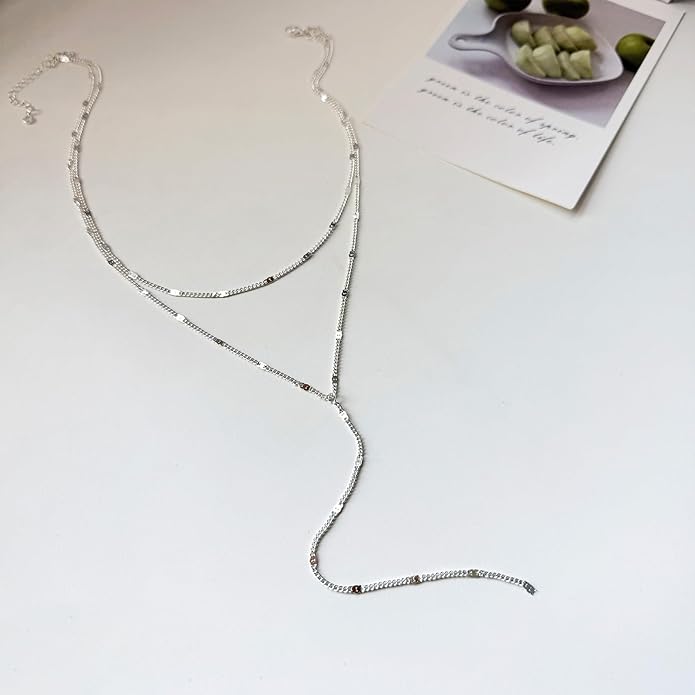 Lariat Silver/Gold Necklace for Women 925 Silver/14K Gold Plated Dainty Long Necklace Y-Shaped Drop Pendant Necklaces Choker Trendy Chain Simple Layered Necklaces CZ Jewelry for Women Set Gift