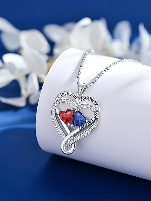 I Love You for Awlays and Forever Double Heart Necklace with Birthstone, 2 Birth Stone Jewelry Anniversary Valentines Mothers Day Christmas Birthday Gifts for Women Her Wife Girlfriend Mom Mother