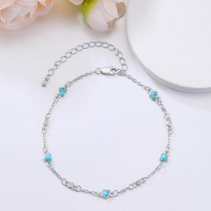Anklet Bracelet for Women 925 Sterling Silver Natural Stone Chain Ankle Bracelet Beach Summer Fine Jewelry Birthday Christmas Gifts for Women Her Mom