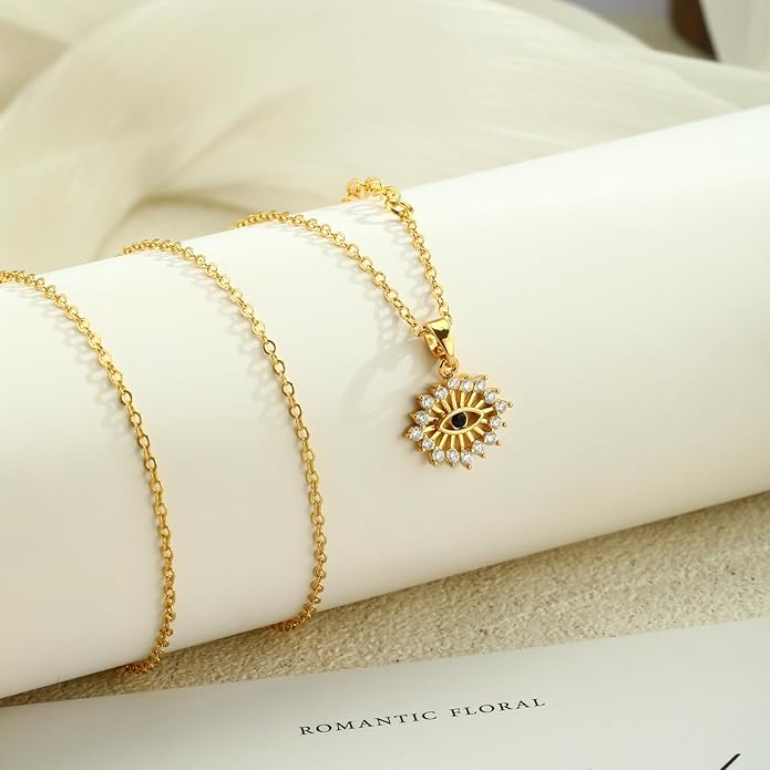 Evil Eye Necklace for Women,Dainty 14K Gold/Sterling Silver Plated Evil Eye Pendant Necklace Tiny Boho CZ Diamond Necklace Cute Trendy Lucky Protection Jewelry Gift for Women