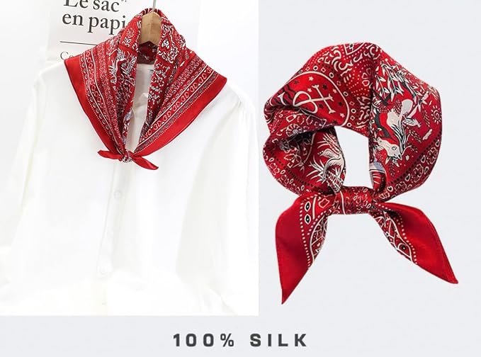 ANDANTINO 100% Pure Mulberry Silk Small Square Scarves -21'' x 21''- Digital Printed Neckerchief –Women Men Lightweight Scarf