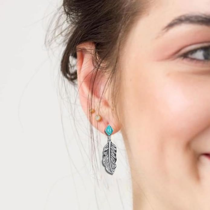 Genuine Turquoise Leaf Earrings, Sterling Silver Dangle Drop Vintage Boho Feather Earrings Birthday Gift for Women