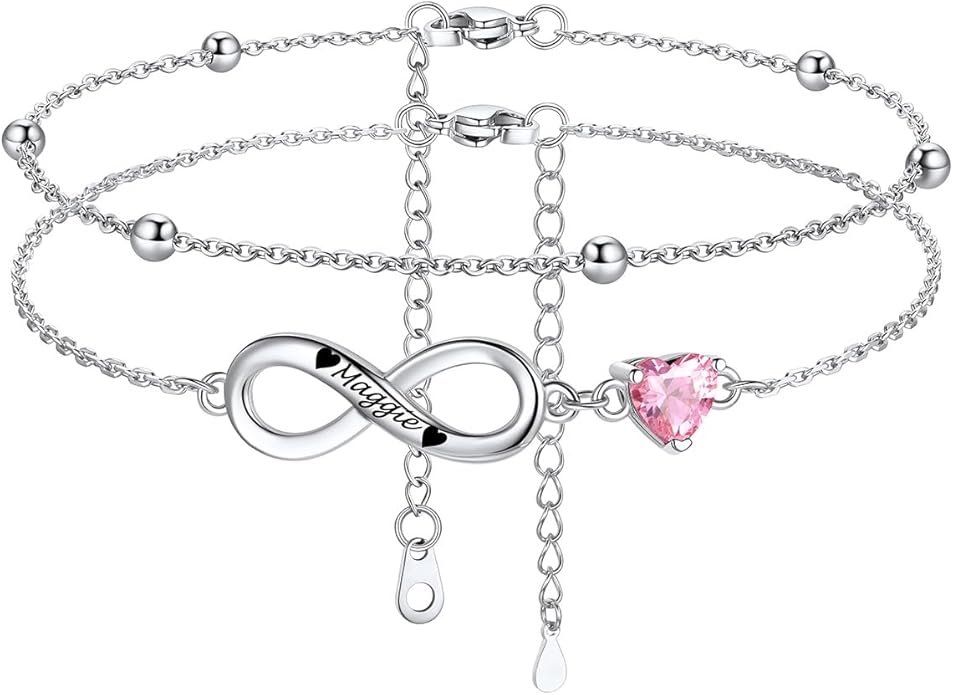 Custom4U Personalized Infinity Ankle Bracelets for Women 925 Sterling Silver Anklet Bracelet Endless Love Symbol Birthstone Charm Adjustable Foot Chain Jewelry Mothers Day Gifts for Mom Wife Women Her