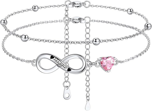 Custom4U Personalized Infinity Ankle Bracelets for Women 925 Sterling Silver Anklet Bracelet Endless Love Symbol Birthstone Charm Adjustable Foot Chain Jewelry Mothers Day Gifts for Mom Wife Women Her