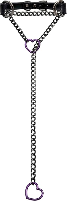 Black Leather Choker Collar For Women, Handmade Heart Slip Chain Choker Long Necklace with Adjustable Buckle
